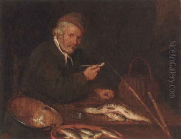 An Angler Smoking A Pipe In An Interior, His Catch On A Table Before Him - view 1