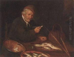 An Angler Smoking A Pipe In An Interior, His Catch On A Table Before Him by Quiringh Gerritsz van Brekelenkam