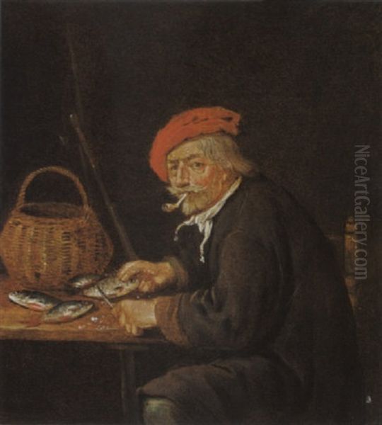 A Man Scaling Fish On A Table Together With A Basket And His Fishing Rod - view 1