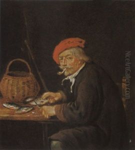 A Man Scaling Fish On A Table Together With A Basket And His Fishing Rod by Quiringh Gerritsz van Brekelenkam