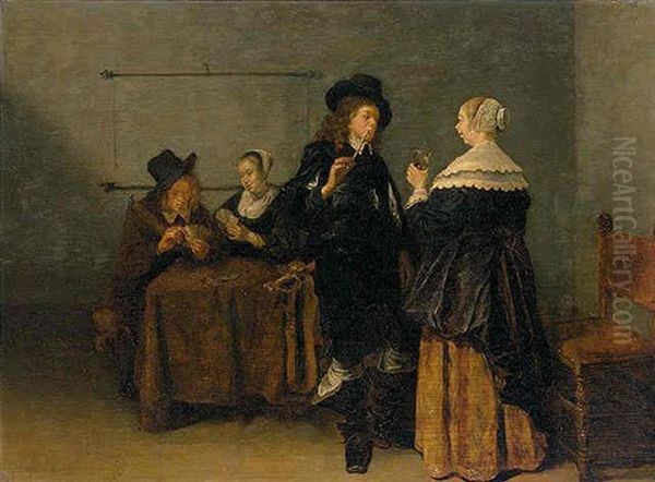 An Interior Scene With Figures Smoking, Drinking And Playing Cards - view 1