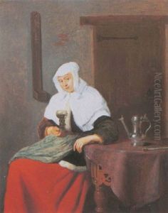 A Woman Seated In An Interior Holding A Roemer