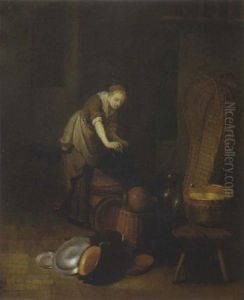 Jeune Femme Curant Ses Cuivres by Quiringh Gerritsz van Brekelenkam