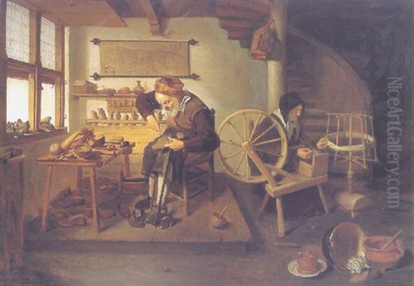 A Cobbler At Work, His Wife Spinning Wool - view 1