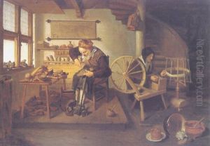 A Cobbler At Work, His Wife Spinning Wool