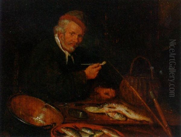 A Fishmonger Smoking A Pipe At A Fishstall - view 1