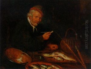 A Fishmonger Smoking A Pipe At A Fishstall