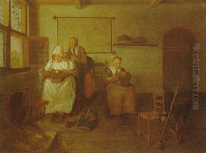 An Interior With A Woman And Two Young Girls Making Lace by Quiringh Gerritsz van Brekelenkam