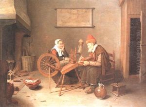 Interior With An Old Woman Seated At A Spinning Wheel