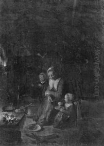 A Mother Seated With Her Children By A Fireplace In A Kitchen by Quiringh Gerritsz van Brekelenkam
