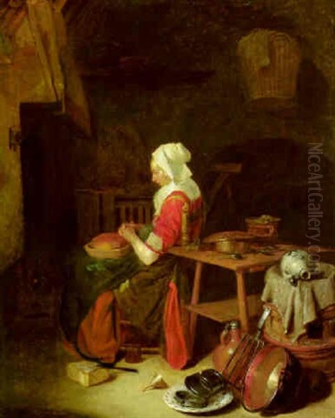 A Maidservant Seated By The Fireplace In A Kitchen - view 1