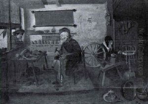 A Shoemaker At Work With An Old Woman At A Spinning Wheel And A Man Leaning Through A Window Nearby