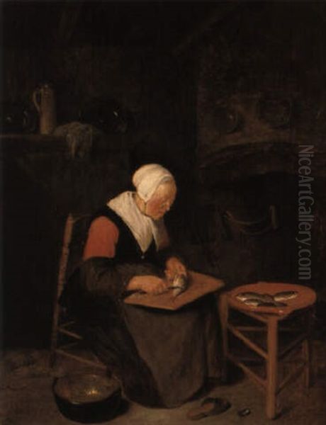 An Interior With An Old Woman Scaling Fish - view 1