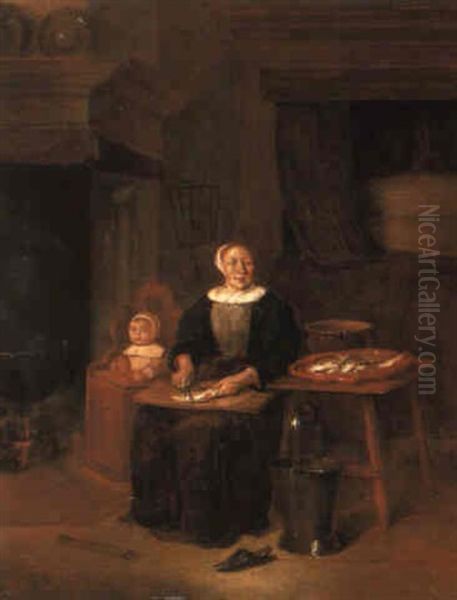 A Woman Preparing Fish By A Fire - view 1