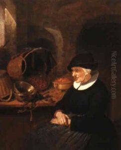 An Elderly Woman Seated Beside A Table With A Basket Of Cherries by Quiringh Gerritsz van Brekelenkam