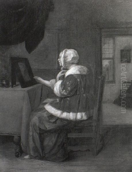 A Lady Seated In An Interior Observing Herself In A Mirror - view 1