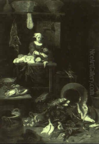 Woman Salting Fish In A Kitchen Interior - view 1