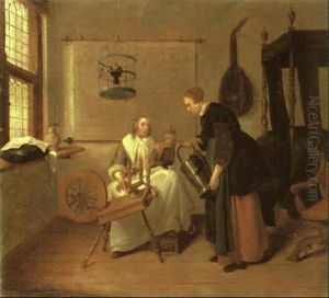 Interior With A Young Woman At A Spinning Wheel And A Pail Of Fowl
