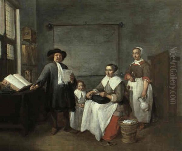 A Family Group In An Interior With A Gentleman Standing     Reading A Document, His Wife Seated And Daughter Standing - view 1