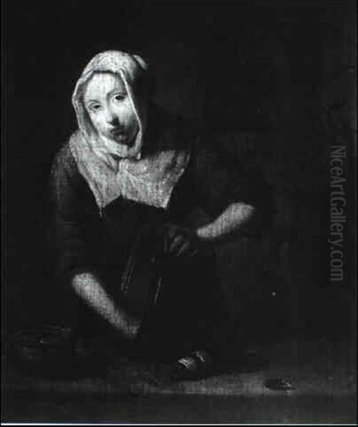 A Kitchen Maid Scouring A Copper Pot - view 1
