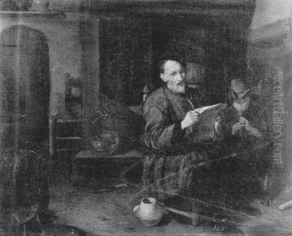 Kitchen Interior With A Man Reading And A Boy Playing A Flute - view 1