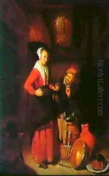 A Kitchen Maid With A Man Smoking A Pipe In An Interior - view 1