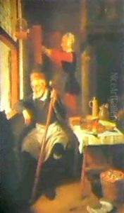 The Interior Of A House With An Old Man Seated By A Window And A Woman Preparing A Meal by Quiringh Gerritsz van Brekelenkam