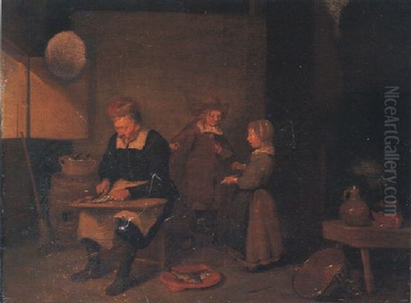 A Man Cutting Fish, With Children Watching - view 1