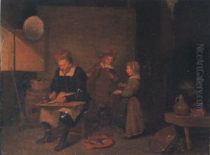 A Man Cutting Fish, With Children Watching