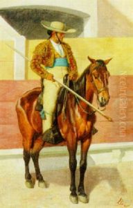 A Picador, Wearing An Embroidered Jacket And Holding A Spear, Seated On His Horse by Jose Brel