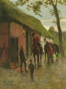 Kavalleristen Halten Abends Im Dorf by Heinrich Breling