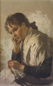 Pensive Thoughts - Young Girl With Knitting by James Brenan