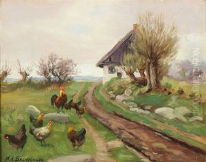 Farmhouse Exterior With Chickens by Hans Andersen Brendekilde