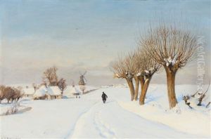 A Snowcovered Landscape With A Man Walking Along A Country Road Edged With Poplars