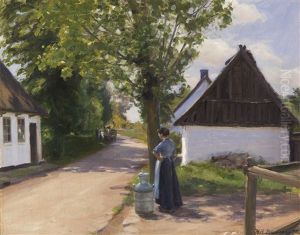 Danische Dorfstrase Mit Bauerin Und Milchmann by Hans Andersen Brendekilde