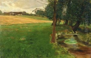Scenery With A Creek, A Farm In The Background