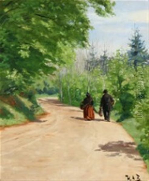 Spring Forest Road With A Couple Walking - view 1