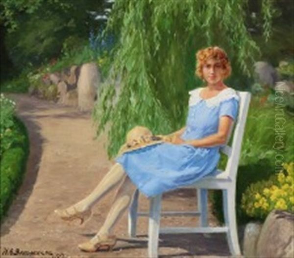 Young Woman In A Light Blue Summer Dress Sitting In A Park - view 1