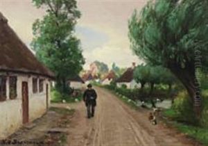 Village Street With Man And Ducks By The Pond
