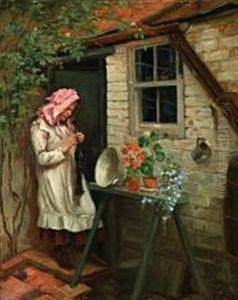 A Young Girl Standing In A Doorway Knitting by Hans Andersen Brendekilde