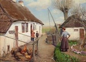 Farm Exterior With Children And A Woman by Hans Andersen Brendekilde