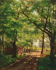 Forest Scene With Cottage And Women At Work by Hans Andersen Brendekilde