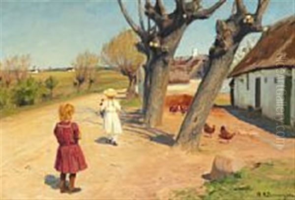 Two Little Girls In Front Of A Thatched House - view 1