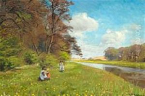 A Mother With Her Little Girls Picking Flowers Next To Suseaen