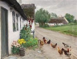 Chickens Pecking After Seeds Near A Farm House by Hans Andersen Brendekilde