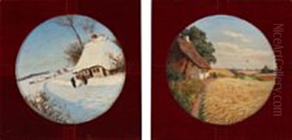Two Porcelain Dishes Painted With A Summer And Winter Landscape - view 1