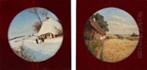 Two Porcelain Dishes Painted With A Summer And Winter Landscape by Hans Andersen Brendekilde