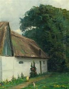 Scenery At A Thatched Farm With Hollyhocks And Chickens by Hans Andersen Brendekilde