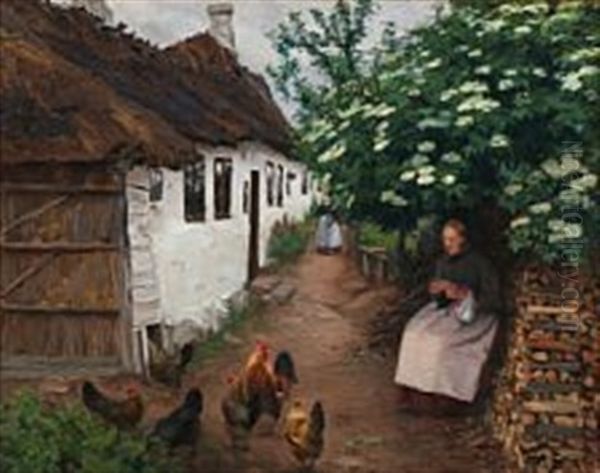June Day With A Peasant Woman Knitting Under The Elder Tree In Bloom - view 1