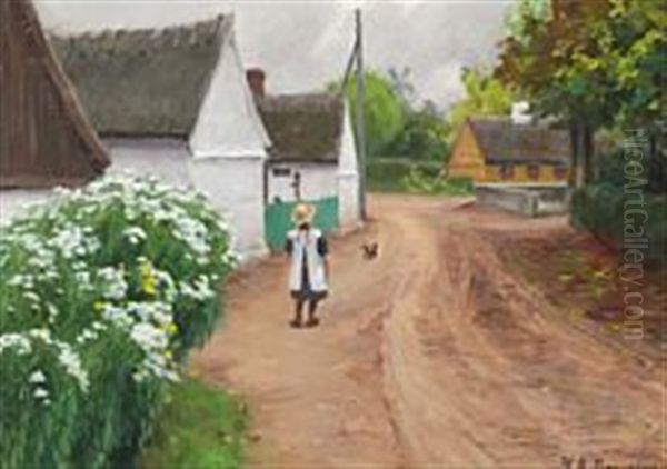 Village Street With A Little Girl And Blooming Daisies - view 1